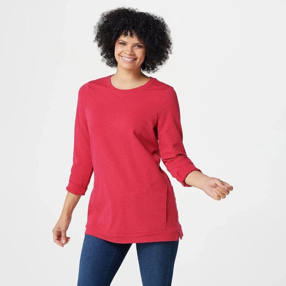 Denim & Co. Active French Terry 3/4-Sleeve Tunic Shirt Top XXS Rose Red - Picture 1 of 5